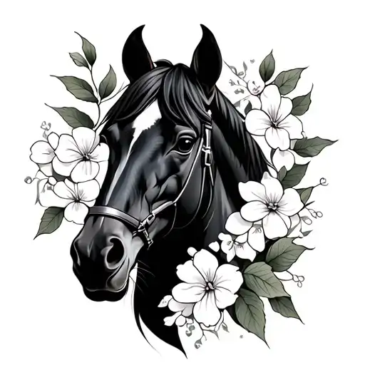 Dogwood Flowers On Bottom Of Horse Head Black And Grey