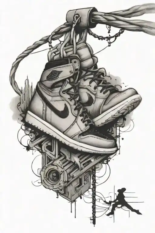 Nike Jordan 1S Hanging From A Powerline With A City Background