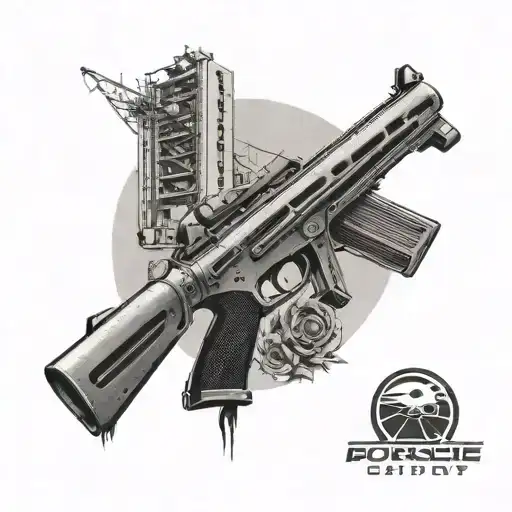 A Detailed Black And Grey Tattoo Of A Shooting Range With A Porsche Parked Nearby