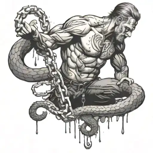 Nordic Man Breaking The Chains That Bind Him While A Snake Splashes Poison On Him