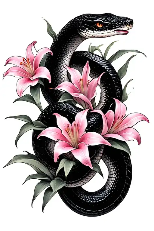 Black Snake With Pink Lilies