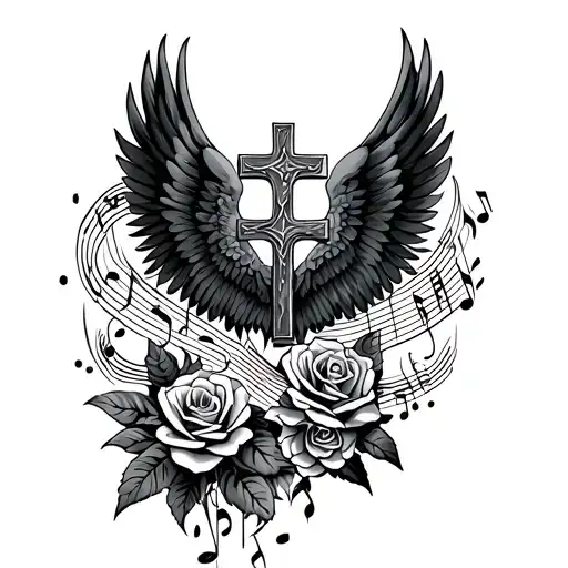 Cross And Wings Spread Wide With Music Notes And Roses
