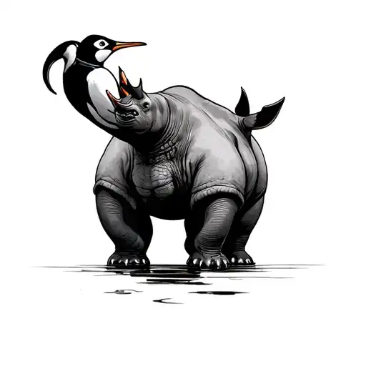 Rhino And Penguin Drinking