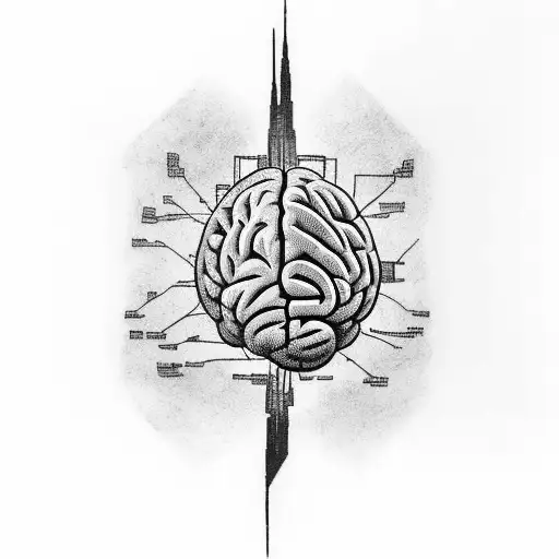 A Black And Grey Tattoo Featuring The Silhouette Of A Brain With The Brighton Skyline Within