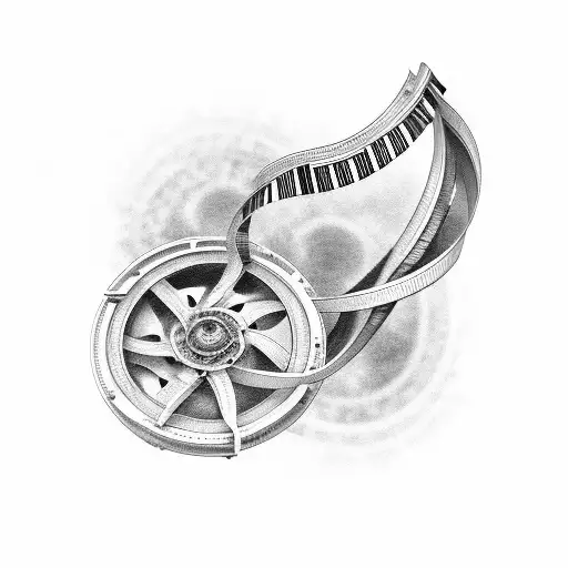 A Black And Grey Tattoo Of A Film Reel Intertwined With Piano Keys