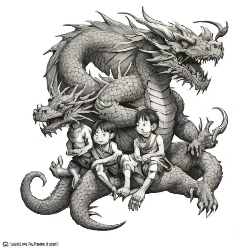 Dragon Father And Children Posing