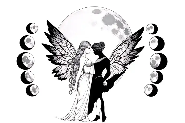 Fairy Woman In Love With Knight Angel In Front Of Moon Phases