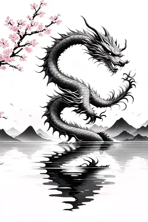 Chinese Dragon Over Water With Mountains And Cherry Blossoms In Background