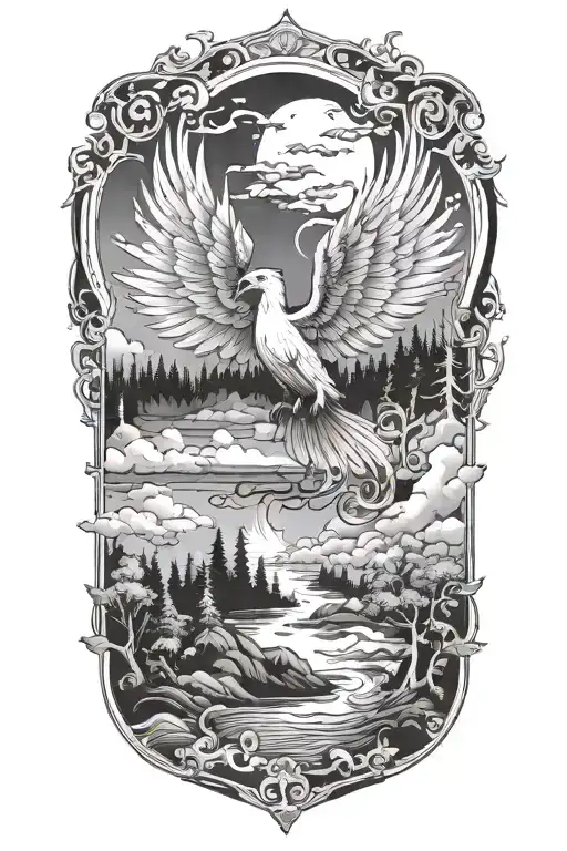 I Want A Forest Orizon With Waves On The Bottom And A Phoenix In The Sky With No Borders