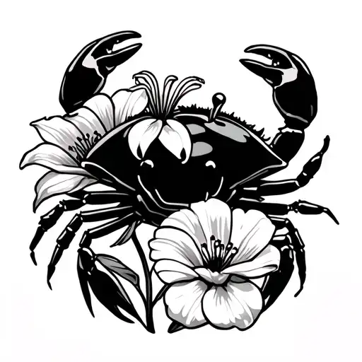 Cute Crab Holding Lily Flower And Poppy Flower