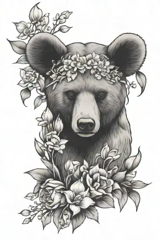 Feminine Forearm Tattoo Of Mama Bear Protecting Lilly Of The Valley Flowers And Narcissus Flowers