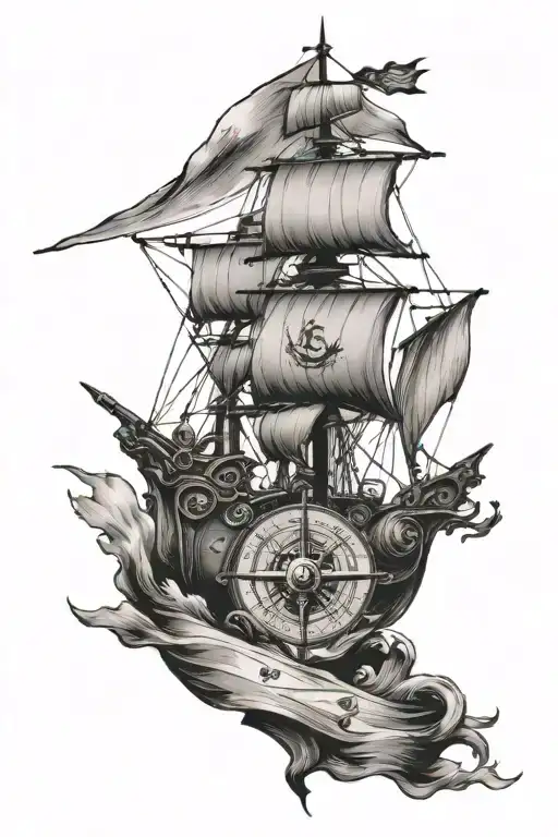 Ship With Compass And Flag Waving
