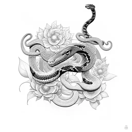 A Black And Grey Tattoo Of A Snake Winding Through A Field Of Colorful Flowers