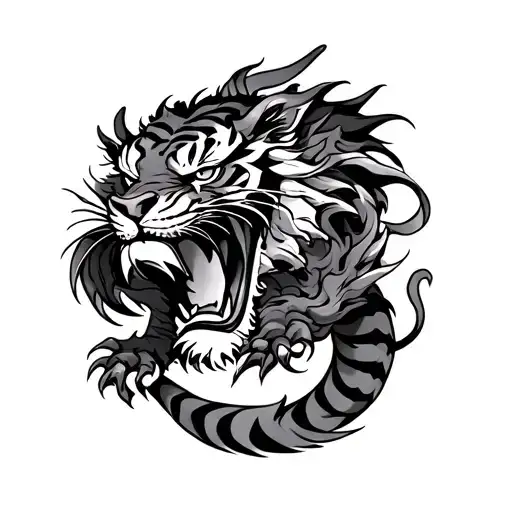 Neotraditional Japanese Tiger Fighting Dragon Wrapped
