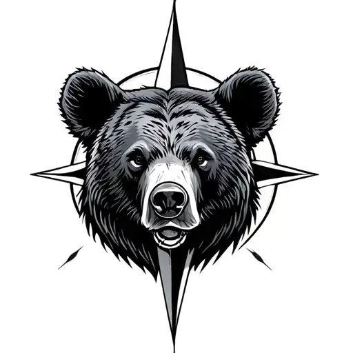 Black Bear Head With Compass Surrounded