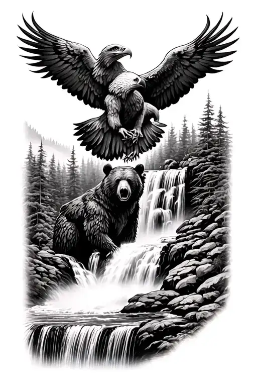 Bear And Eagle At Waterfall Surrounded By Lush