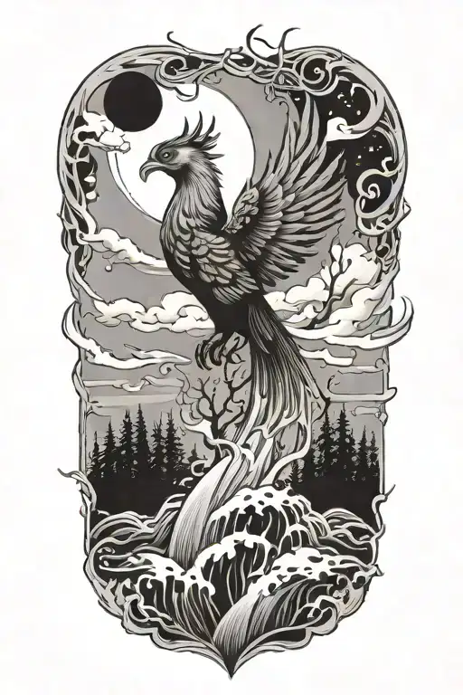 I Want A Forest Orizon With Waves On The Bottom And A Phoenix In The Sky