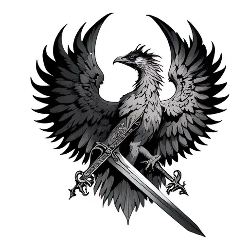 Phoenix With Open Wings And Sword In Middle
