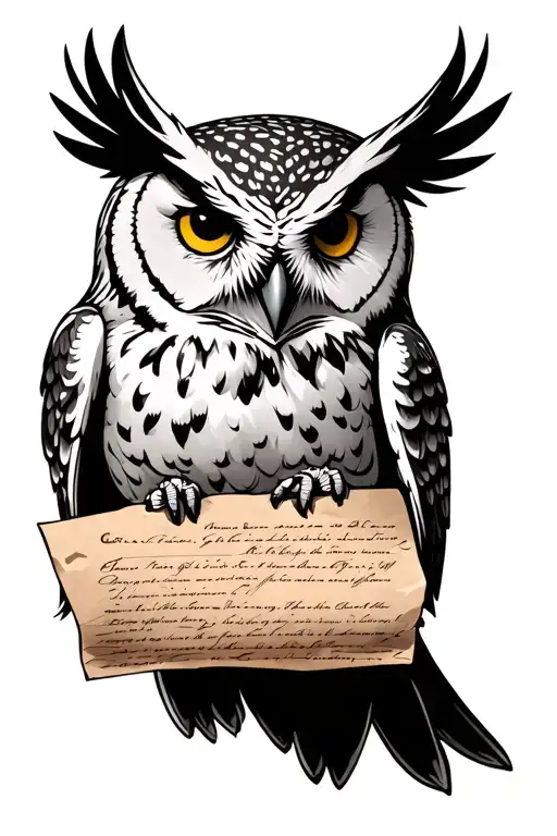White Snow Owl Perched Holding Old Piece Of Paper