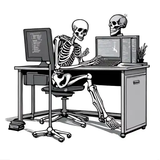 Skeleton Sitting At A Desk Doing Some Coding