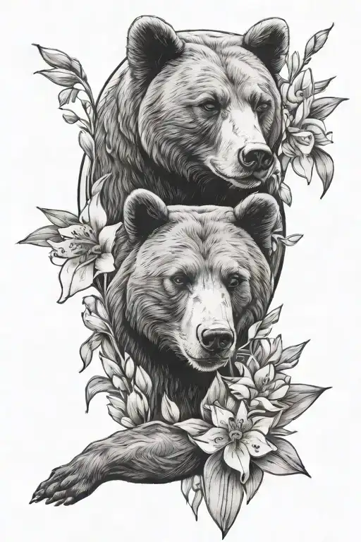 Feminine Forearm Tattoo Of Mama Bear Protecting Lilly Of The Valley Flowers And Narcissus Flowers