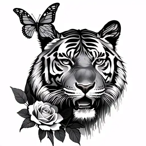 Arm Tattoo Of Tiger With Butterflies And Roses