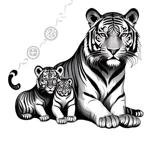 Tiger And 2 Cubs With Buddhist Symbols Incorporated