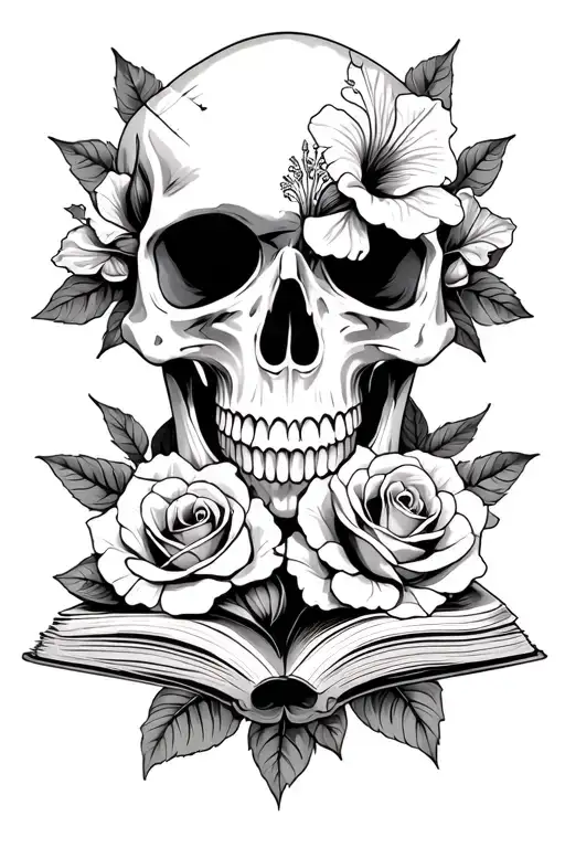 Hibiscus Skull Face With Roses And Pages Turning