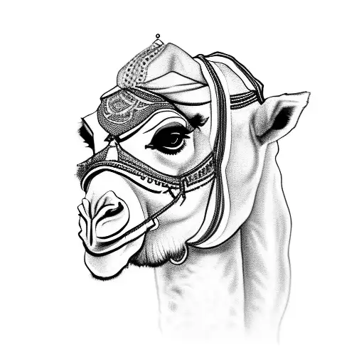 Person Riding Camel With Full Arabic Head Gear Only Showing Blue Eyes In Black And Grey