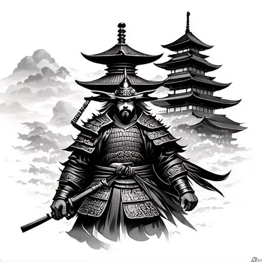Japanase Pagoda And Samurai Warrior