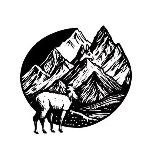 Patagonia Mountain Range Outline With Guanaco