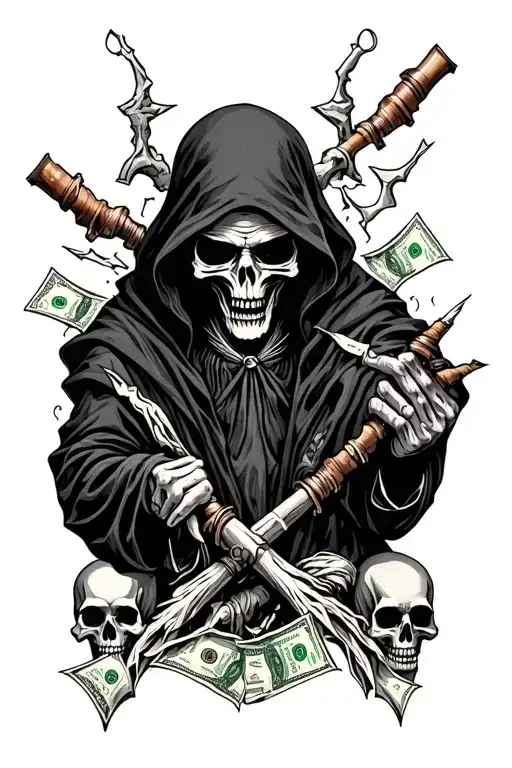 Grim Reaper With Crack Pipes And Money And Skulls Surrounded