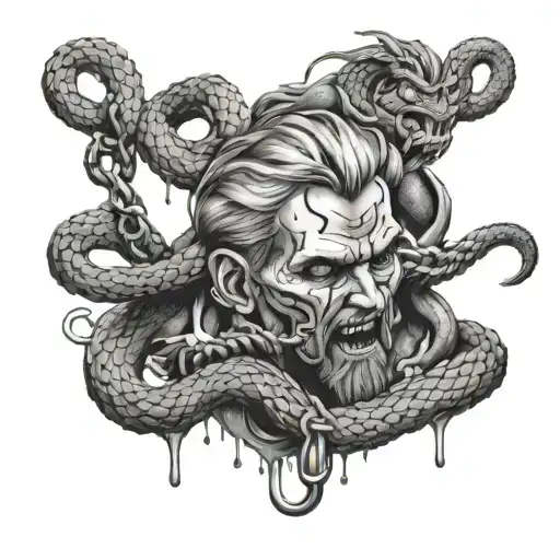 Nordic Man Breaking The Chains That Bind Him While A Snake Splashes Poison On Him