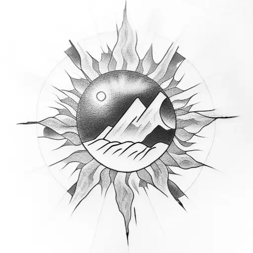 A Black-grey Tattoo Of A Mountain Range With A Sun Rising Behind It