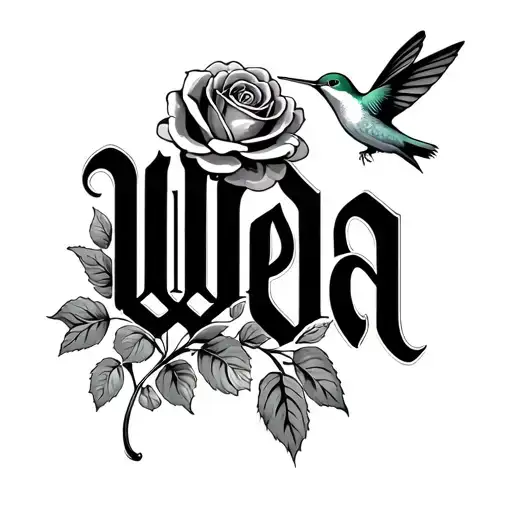 The Word Weda In Old English Print With A Rose And A Hummingbird
