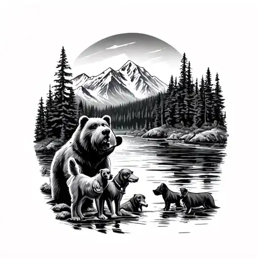 River And Mountain Scene With Smokey The Bear And Dogs Surrounded