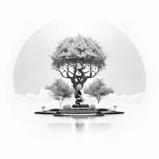 A Serene Landscape Featuring A Peaceful Buddha Meditating Under A Towering Tree