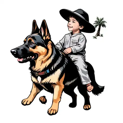 A Boy In Pajamas And A Hat Riding A German Shepherd Dog