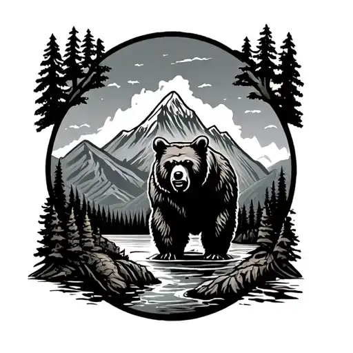 River And Mountain Scene With Smokey The Bear Surrounded