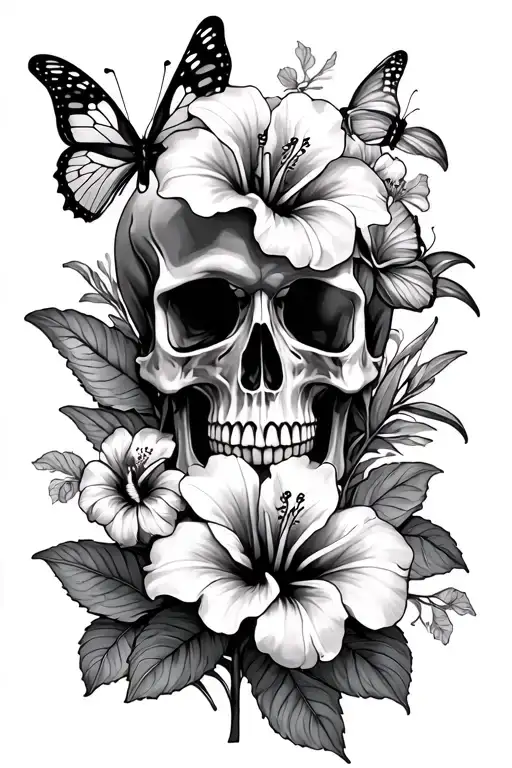 Butterflies Hibiscus Lily Flowers With Skull Hand