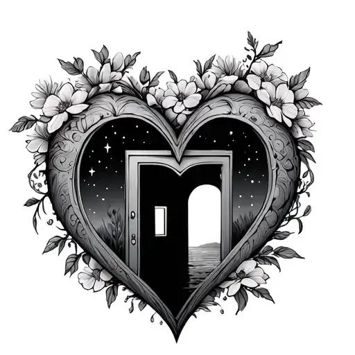 Heart With Floral Background And A Door Inside The Heart Against A Night Sky As Background
