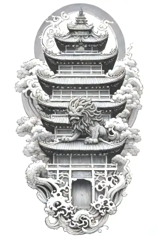 Two Japanese Foo Dog Guarding A Temple Gate Great Wave Off Kanagawa
