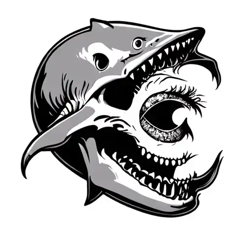 Skull With A Shark Through Its Eye And Wave Through Eye