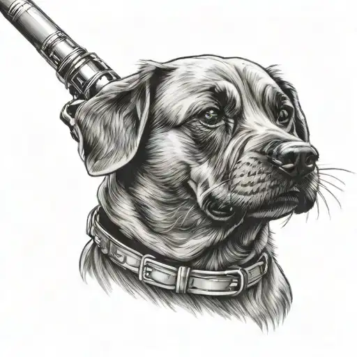 A Realistic Portrait Of A Dog Holding A Lightsaber In Its Mouth