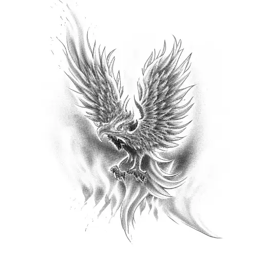 A Black-grey Tattoo Of A Phoenix Engulfed In Flames