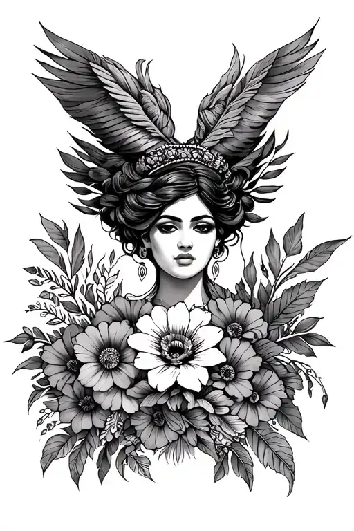 Haitian Flowe Bouquet Fine Line Haitian Goddess Surrounded