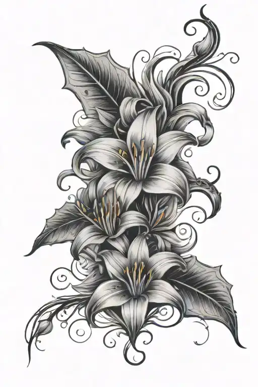 Arm Sleeve Tattoo With Star Gazer Lilies And Smokey Clouds With Vines And Skulls