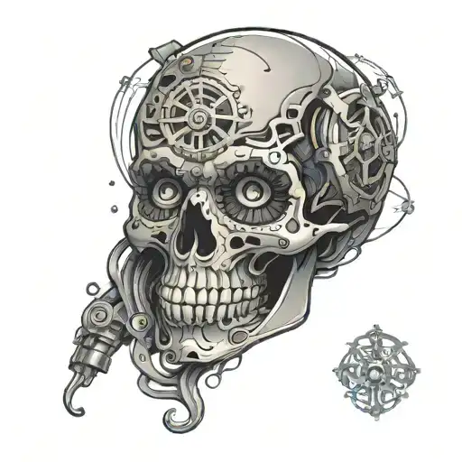 Color-infused Black And Grey Tattoo Of A Sugar Skull With A Mechanical Or Cyber Punk Theme
