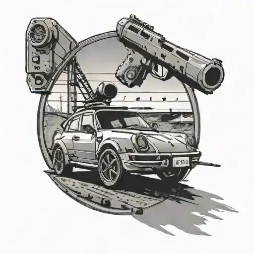 A Detailed Black And Grey Tattoo Of A Shooting Range With A Porsche Parked Nearby