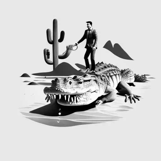 A Salesman Riding A Crocodile Through A Desert Landscape With Water